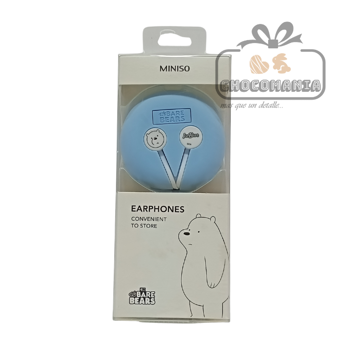 AUDIFONOS TIPO BOTON MINISO OSOS ESCANDALOSOS ESTUCHE Y MICROFONO AZUL - CHOCOMANIA