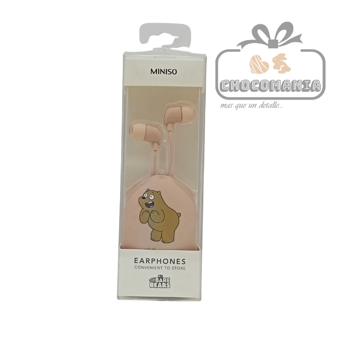 AUDIFONOS TIPO BOTON MINISO OSOS ESCANDALOSOS ESTUCHE Y MICROFONO ROSA - CHOCOMANIA