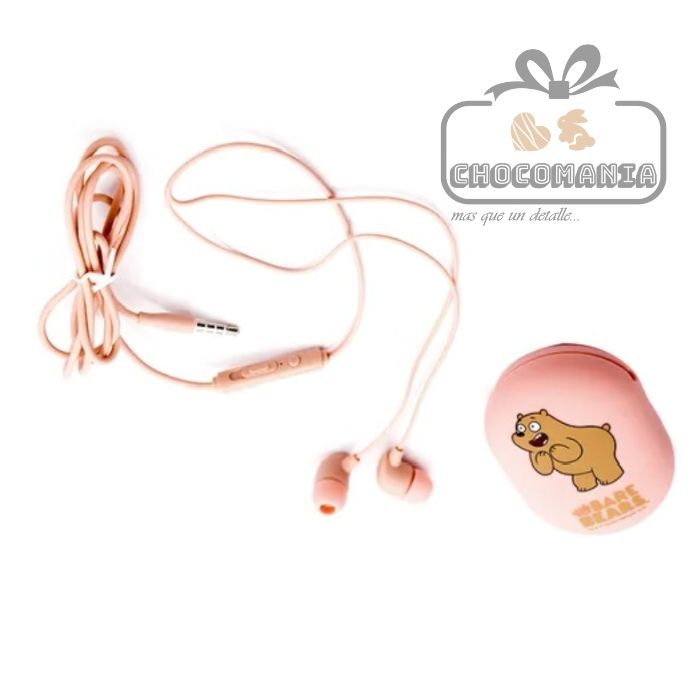 AUDIFONOS TIPO BOTON MINISO OSOS ESCANDALOSOS ESTUCHE Y MICROFONO ROSA - CHOCOMANIA