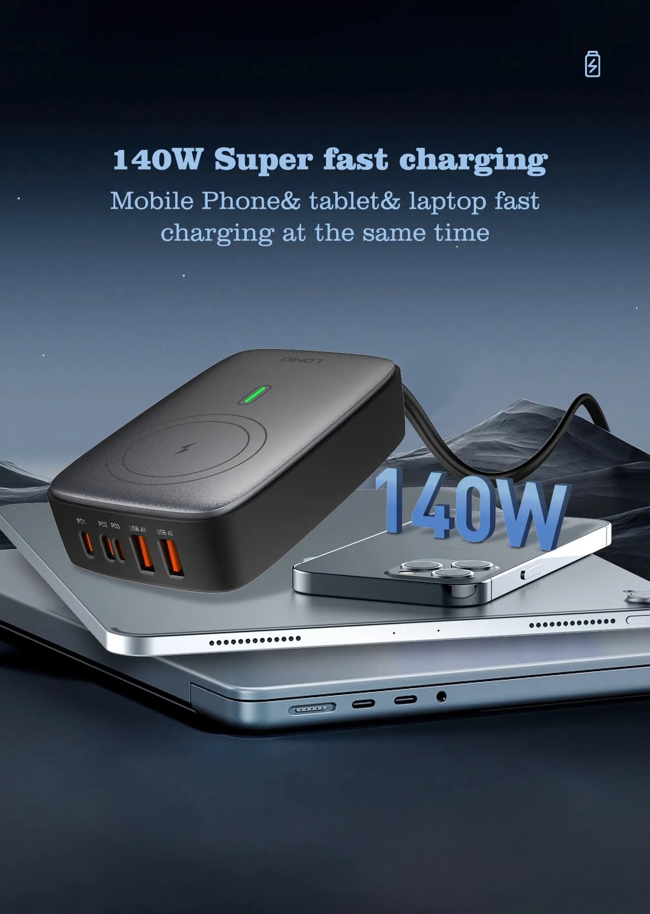 Cargador de escritorio LDNIO Q4010 con GaN 140W, 6 puertos + carga inalámbrica, plugs EU/US/UK y 9 protecciones. Ideal para laptop y móvil.