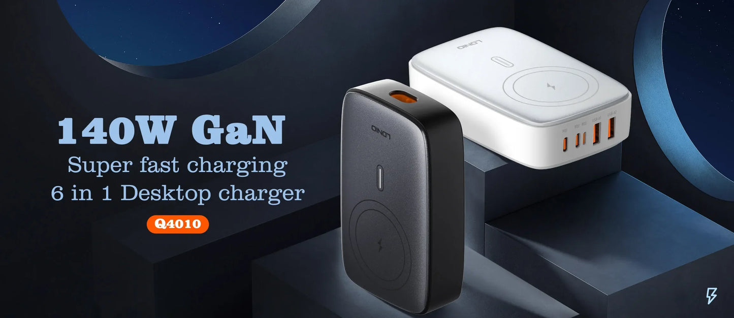Cargador de escritorio LDNIO Q4010 con GaN 140W, 6 puertos + carga inalámbrica, plugs EU/US/UK y 9 protecciones. Ideal para laptop y móvil.