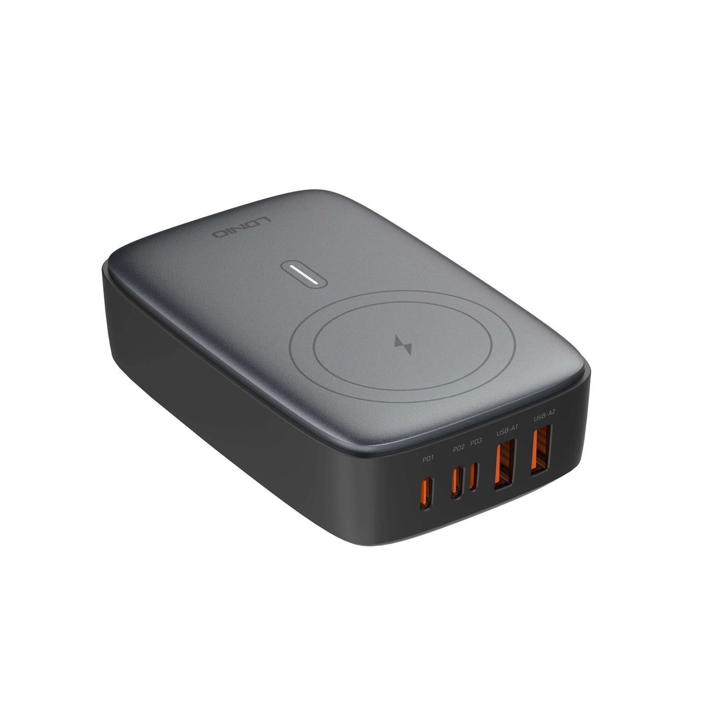 Cargador de escritorio LDNIO Q4010 con GaN 140W, 6 puertos + carga inalámbrica, plugs EU/US/UK y 9 protecciones. Ideal para laptop y móvil.