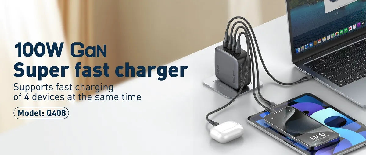 Cargador LDNIO Q408 GaN 100W con 4 puertos (1A+3C), enchufes EU/US/UK y cable USB-C. PD/PPS/QC. Ideal para viajes y escritorio minimalista.