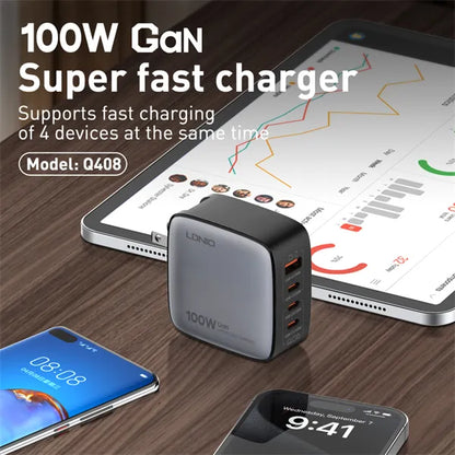 Cargador LDNIO Q408 GaN 100W con 4 puertos (1A+3C), enchufes EU/US/UK y cable USB-C. PD/PPS/QC. Ideal para viajes y escritorio minimalista.