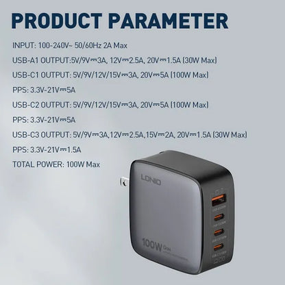 Cargador LDNIO Q408 GaN 100W con 4 puertos (1A+3C), enchufes EU/US/UK y cable USB-C. PD/PPS/QC. Ideal para viajes y escritorio minimalista.