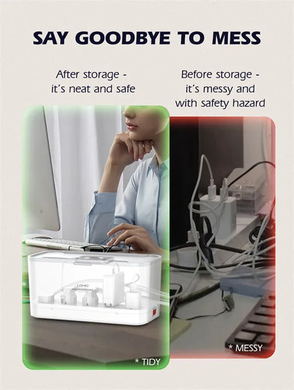 Ordena tu escritorio con la LDNIO SN5311W: regleta con caja organizadora, Qi 15W, USB-C PD 20W y USB-A QC. Cable 2 m, botón maestro y 9 protecciones.