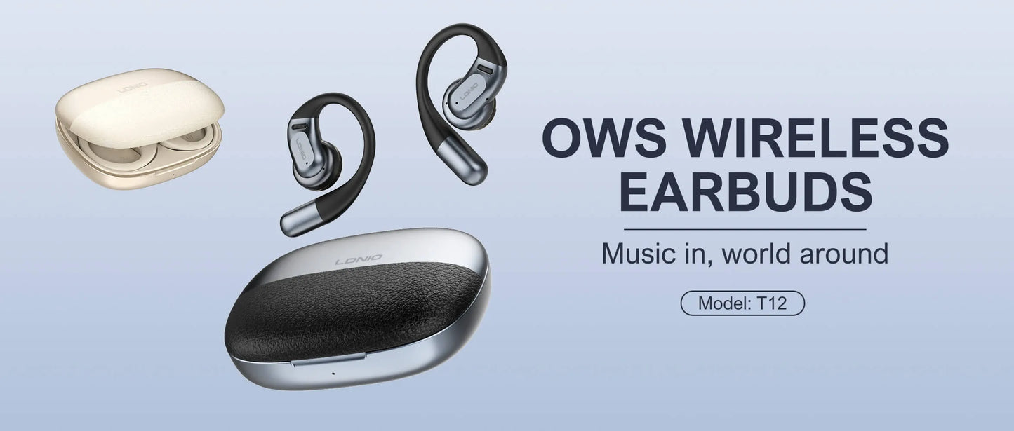 Auriculares LDNIO T12 ear-hook con BT 5.4, IPX4, estuche 1000 mAh (hasta 54 h), baja latencia, táctiles y USB-C. Ajuste firme y cómodo.