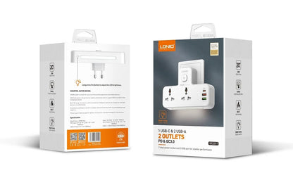 LDNIO SC2311 con 2 tomas AC, USB-C PD 20 W + USB-A QC, lámpara táctil y 2500 W. Ideal para velador, oficina y viajes. Versiones EU/UK/US.