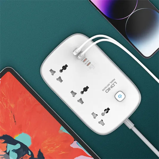 Regleta LDNIO SC3416 con 3 tomas universales y 4 USB (hasta 65 W), cable 2 m, safety door y 9 protecciones. Material ignífugo. Envíos a todo el Perú.