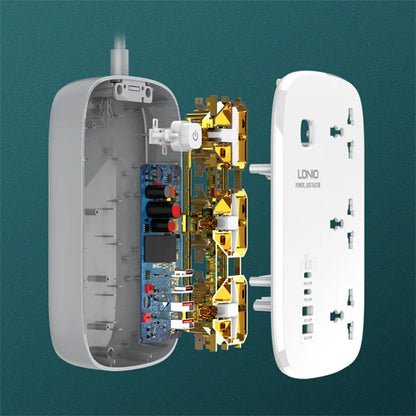 Regleta LDNIO SC3416 con 3 tomas universales y 4 USB (hasta 65 W), cable 2 m, safety door y 9 protecciones. Material ignífugo. Envíos a todo el Perú.