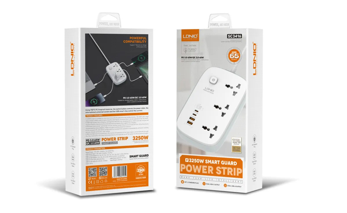 Regleta LDNIO SC3416 con 3 tomas universales y 4 USB (hasta 65 W), cable 2 m, safety door y 9 protecciones. Material ignífugo. Envíos a todo el Perú.