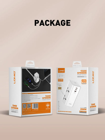 LDNIO SC4383 con 4 tomas universales, USB 70 W (2×USB-C + 1×USB-A), cable 2 m y 2500 W. Ideal para escritorio y home office. Envíos a todo el Perú.