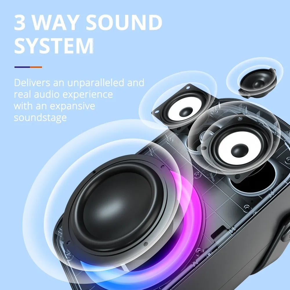 Parlante Bluetooth Tronsmart Halo 100 con sonido potente, bajos marcados y luces RGB. Ideal para fiestas, reuniones y eventos.