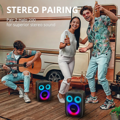 Parlante Bluetooth Tronsmart Halo 200 de 120W con karaoke, bajos potentes y luces RGB. Disponible bajo pedido con entrega en 48 horas.