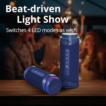 Tronsmart T7: 30W, IPX7, hasta 12 h (LED off), TWS 60W, anillo LED, BT 5.3, microSD y USB-C. Potente y compacto para exteriores.