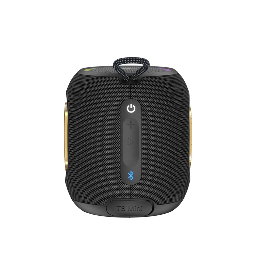 Tronsmart T8 Mini: 16W, IPX7, hasta 20 h (LED off), TWS, sonido 360°, BT 5.3, AUX y TF. Compacto y potente para exteriores y viajes.